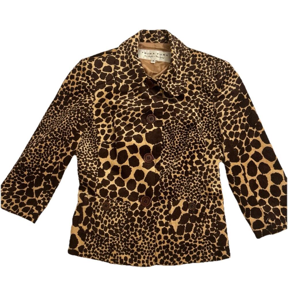 Trina Turk Jacket Size 4 Brown Corduroy Short Leopard‎ Print Palm Springs